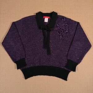 Vintage Halston III Italy Purple Black Floral Bow Sweater 80s Medium Wool Blend